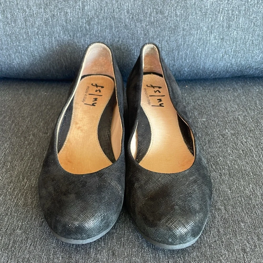 French Sole Black Shimmer Wedge Pumps